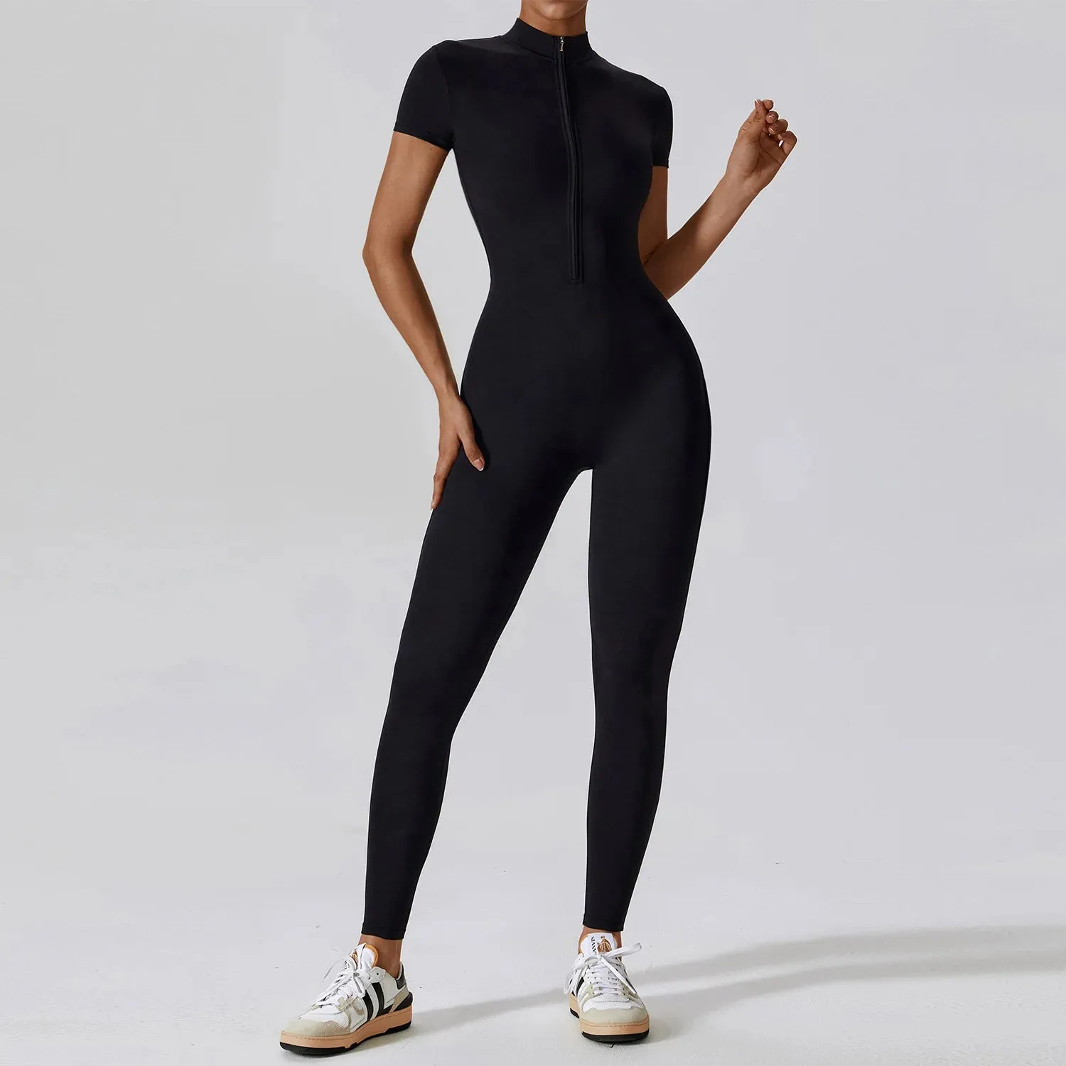 1 - WC - Yoga Jumpsuit: One-piece, short sleeve, zip bodysuit with push-up support for workouts