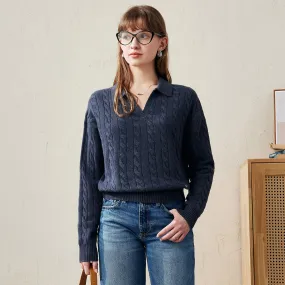 100% Wool Cable Knit V-Neck Collar Sweater