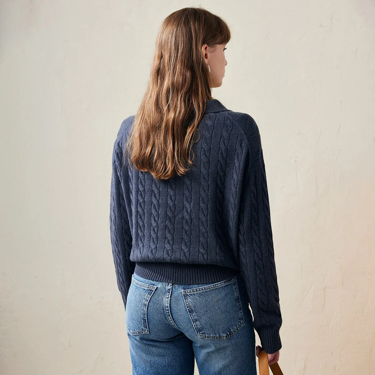 100% Wool Cable Knit V-Neck Collar Sweater