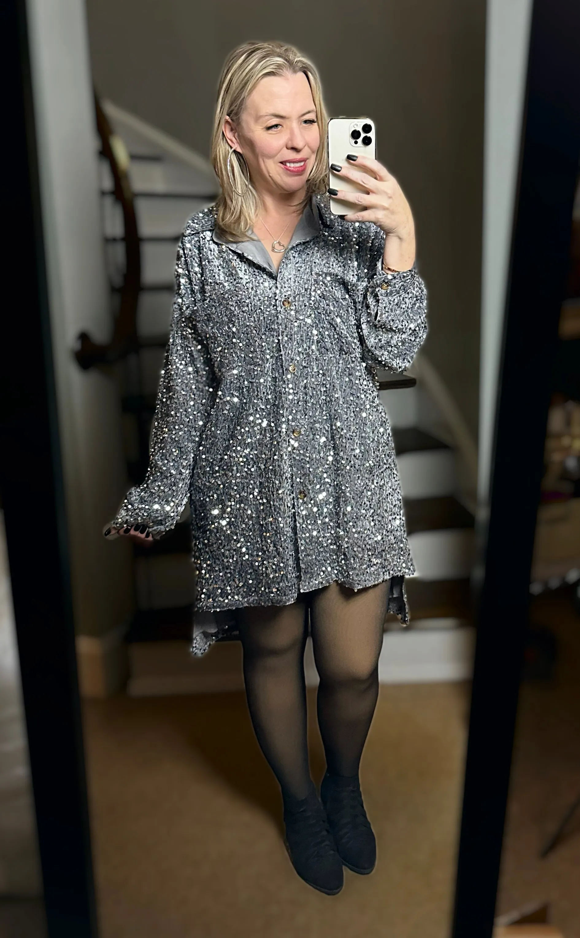 2 Colors - Sequins and Velvet Button Down Shirt Dress / Cardigan