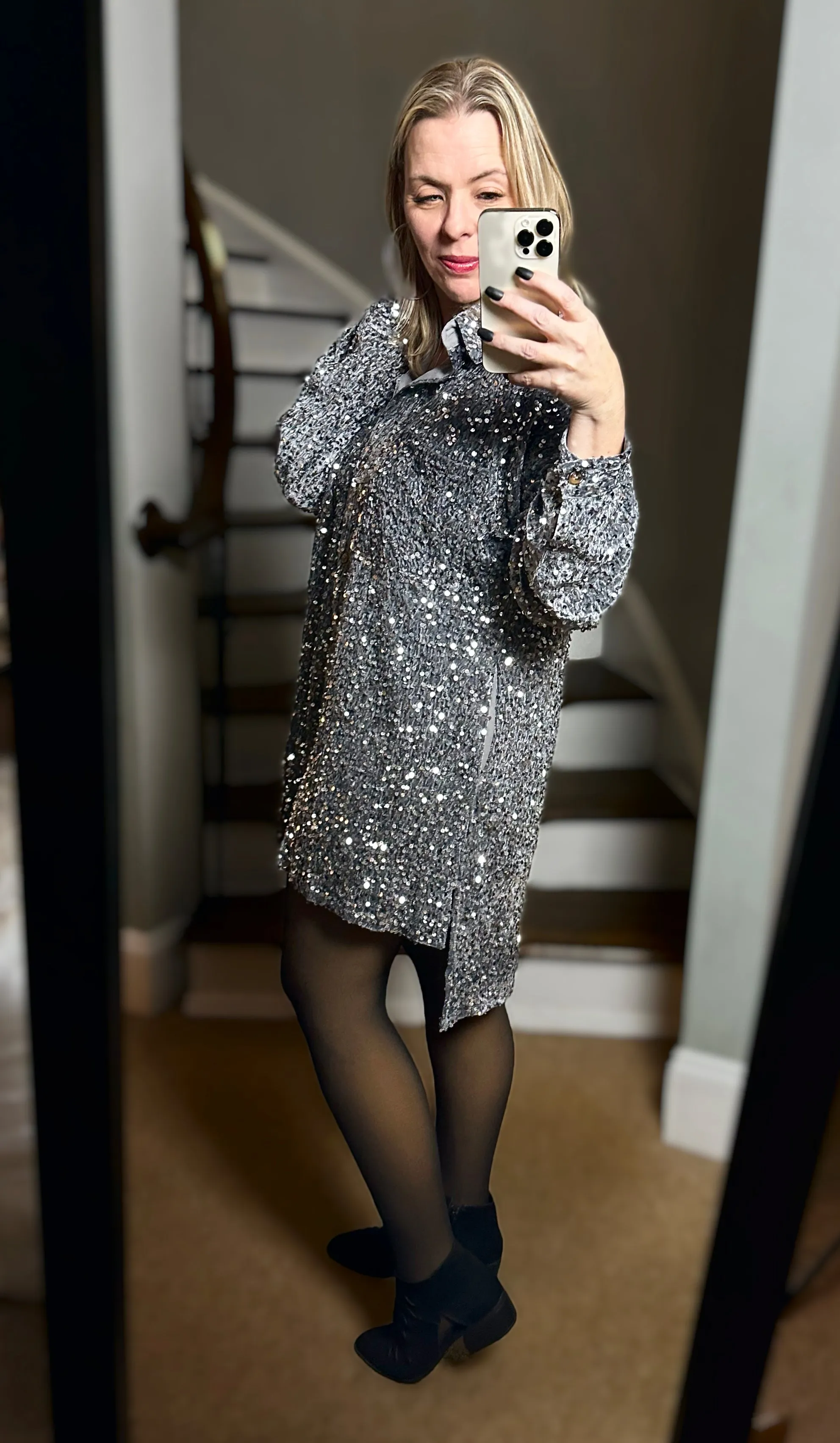 2 Colors - Sequins and Velvet Button Down Shirt Dress / Cardigan