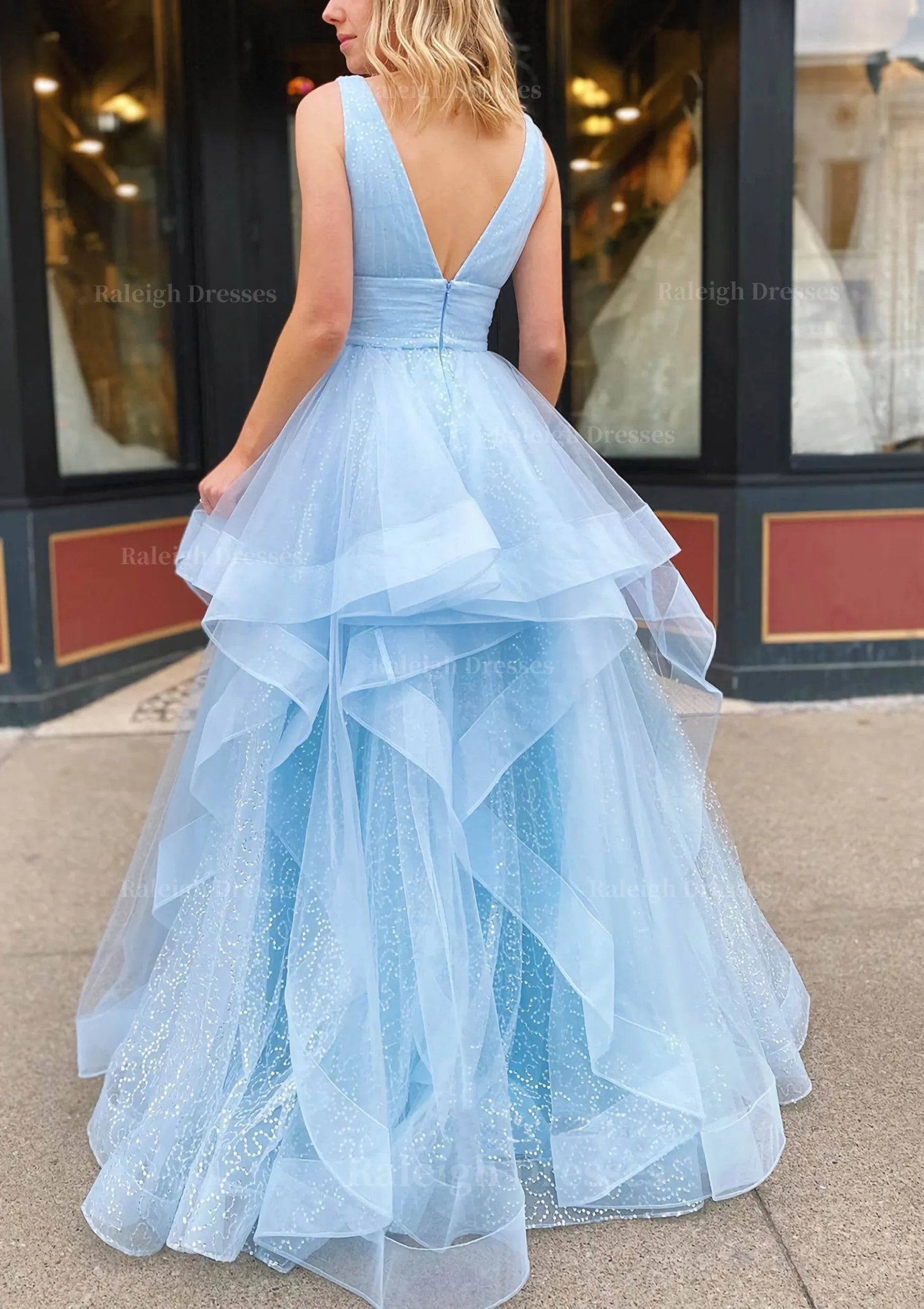 A-line V Neck Sleeveless Long/Floor-Length Tulle Glitter Prom Dress With Pleated