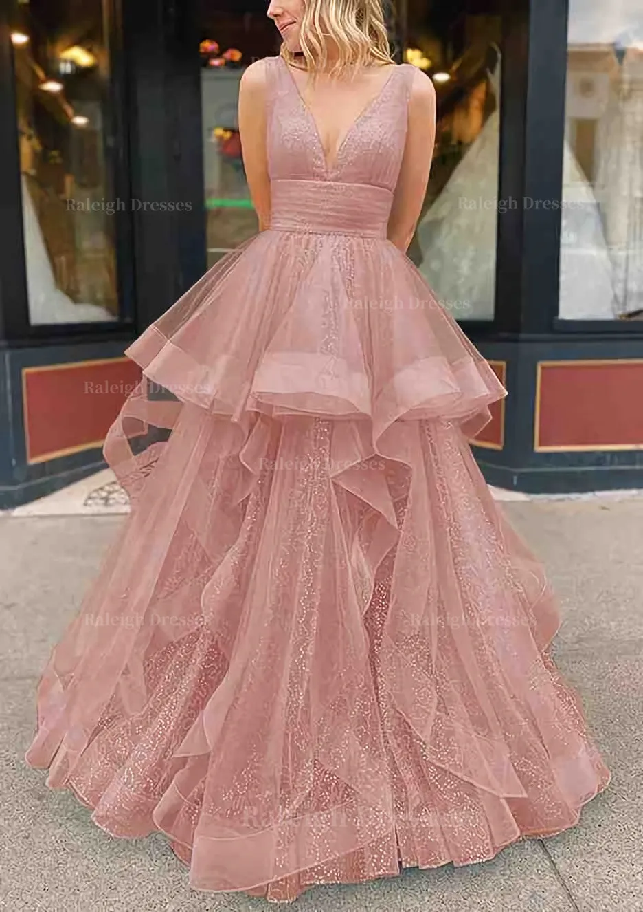 A-line V Neck Sleeveless Long/Floor-Length Tulle Glitter Prom Dress With Pleated