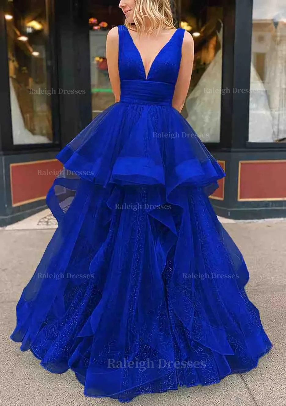 A-line V Neck Sleeveless Long/Floor-Length Tulle Glitter Prom Dress With Pleated