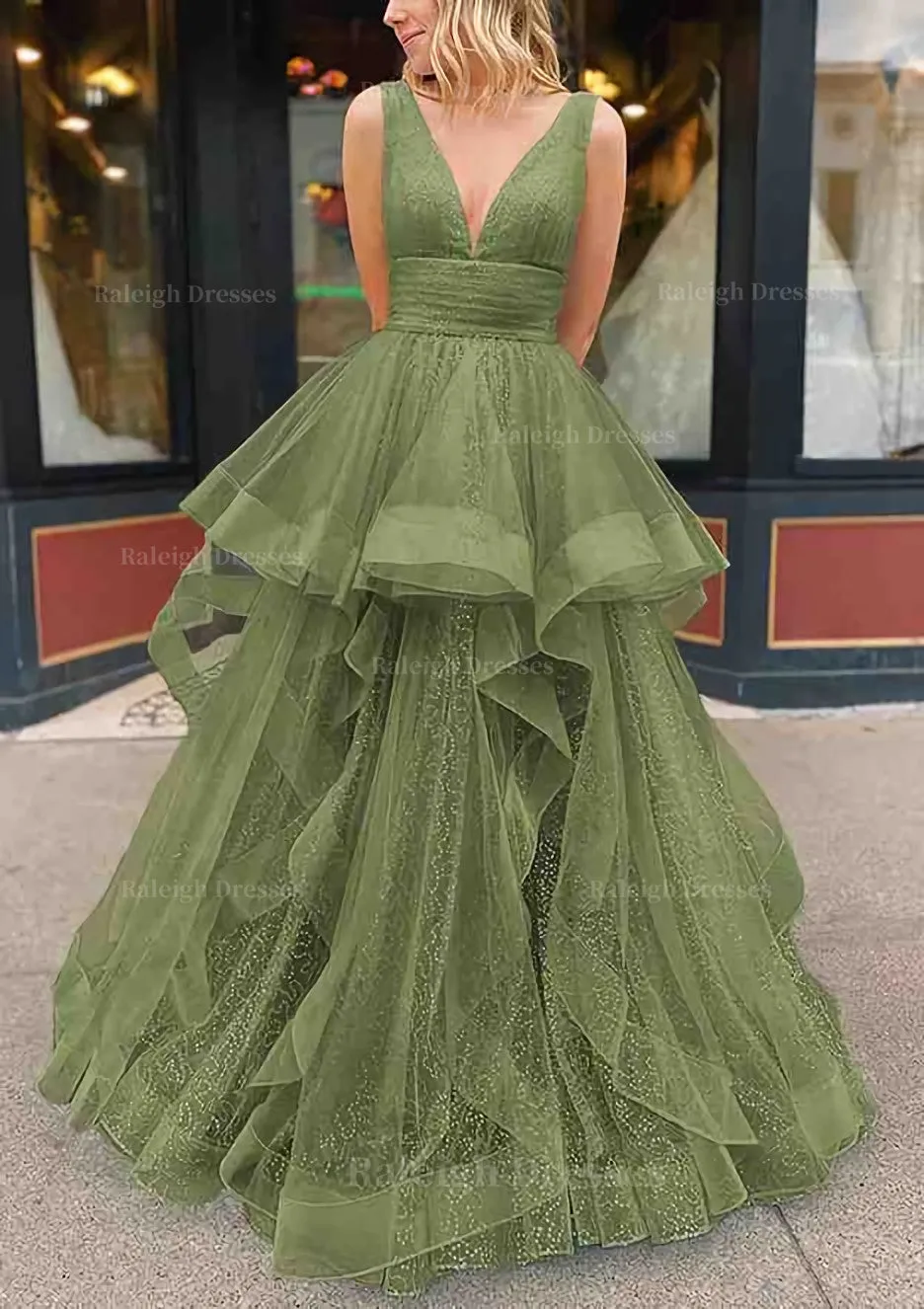 A-line V Neck Sleeveless Long/Floor-Length Tulle Glitter Prom Dress With Pleated