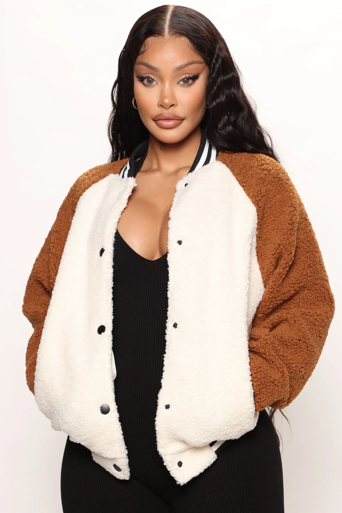 Ahead Of The Game Sherpa Varsity Jacket - Ivory/combo