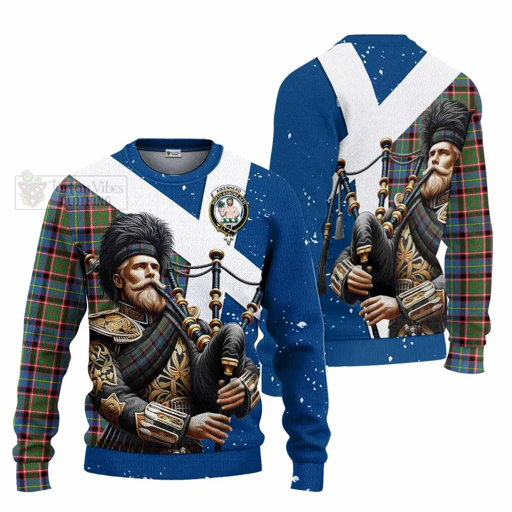 Aikenhead Tartan Knitted Sweater with Family Crest Scottish Bagpiper Vibes