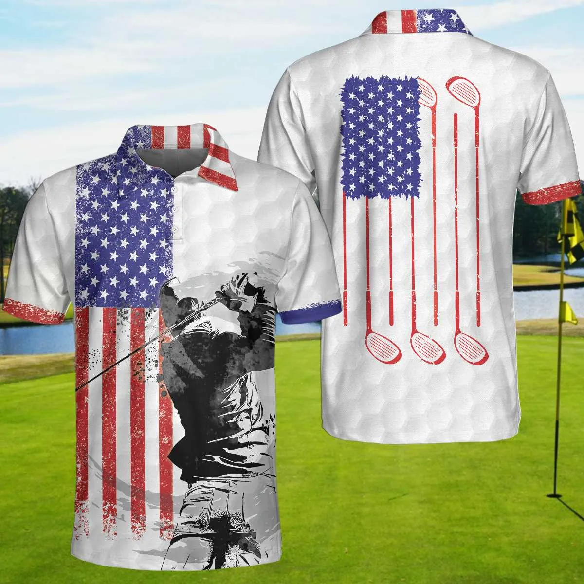 American Golfer Short Sleeve Golf Polo Shirt, Golf Club Style American Flag Polo Shirt, Patriotic Golf Shirt For Men Coolspod