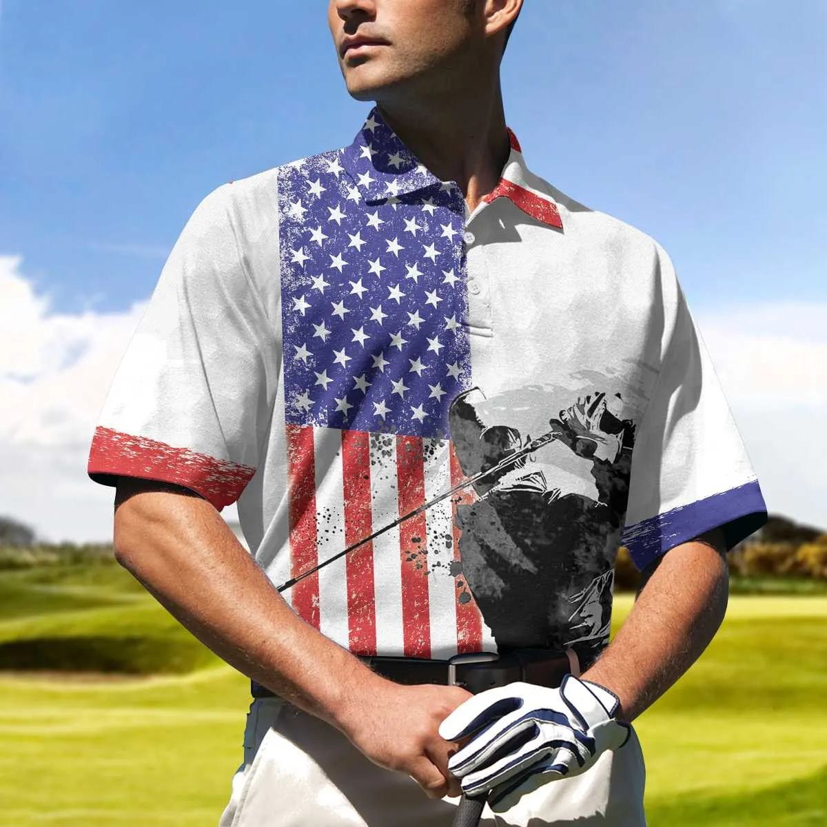 American Golfer Short Sleeve Golf Polo Shirt, Golf Club Style American Flag Polo Shirt, Patriotic Golf Shirt For Men Coolspod