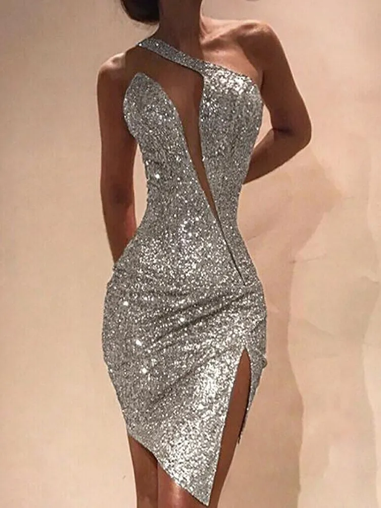 Amy Fashion - Deep V-Neck Sequined Backless Slit Mini Dress