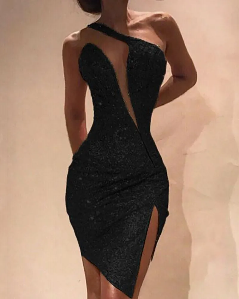 Amy Fashion - Deep V-Neck Sequined Backless Slit Mini Dress