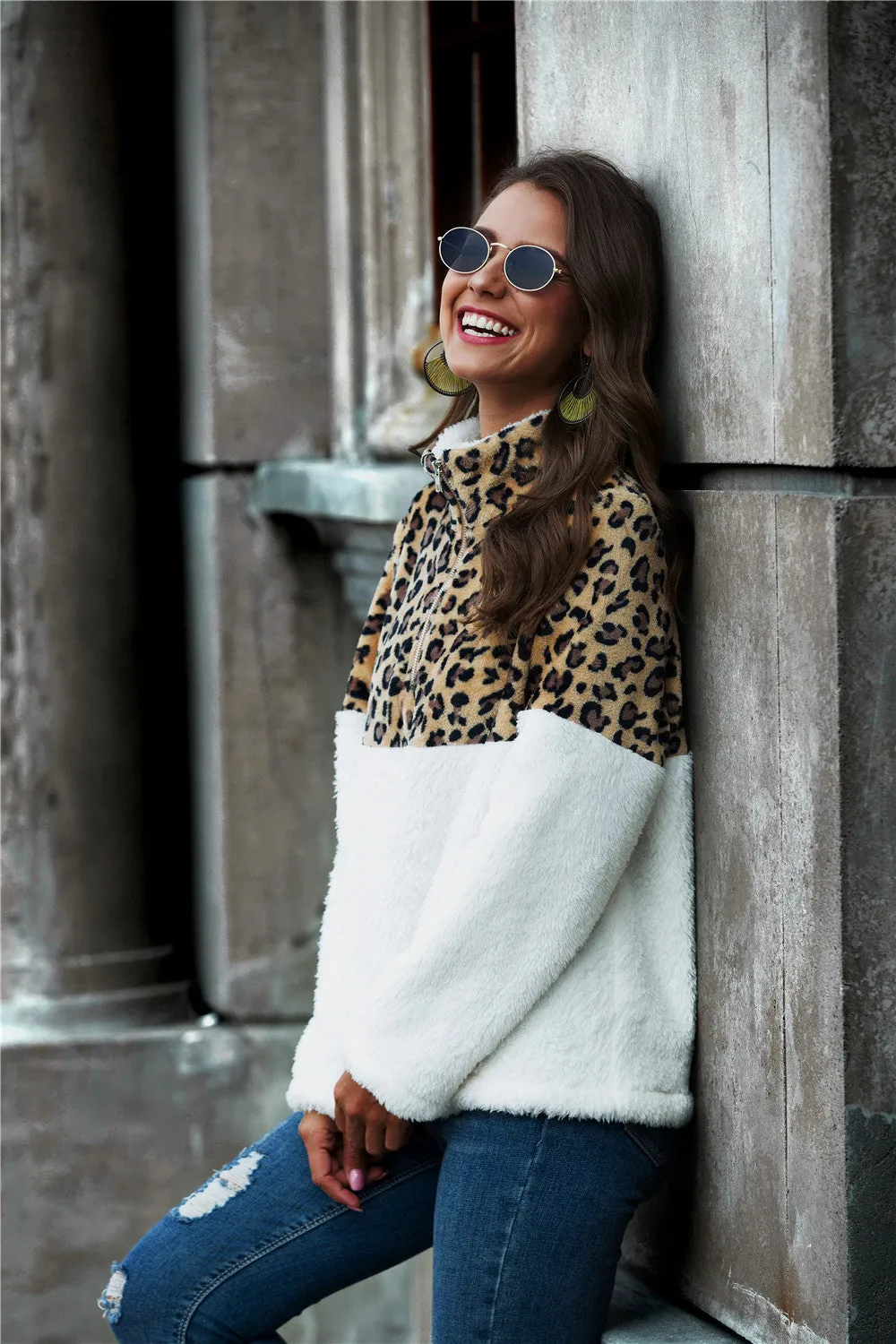 *App Exclusive* Leopard Color Block Half-Zip Pullover