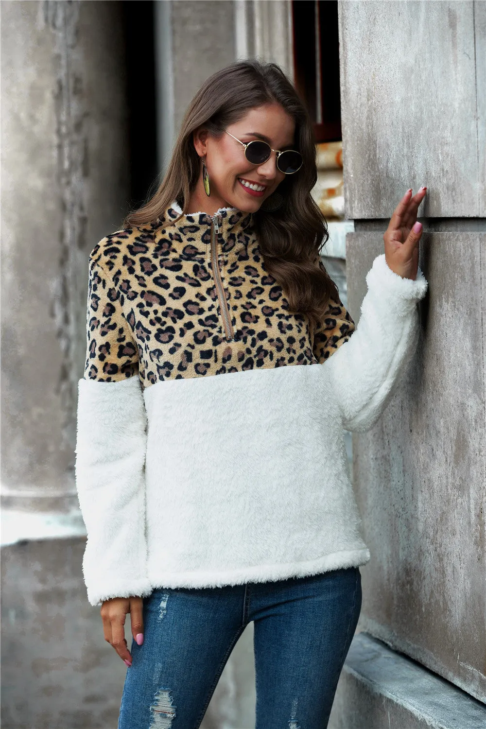 *App Exclusive* Leopard Color Block Half-Zip Pullover