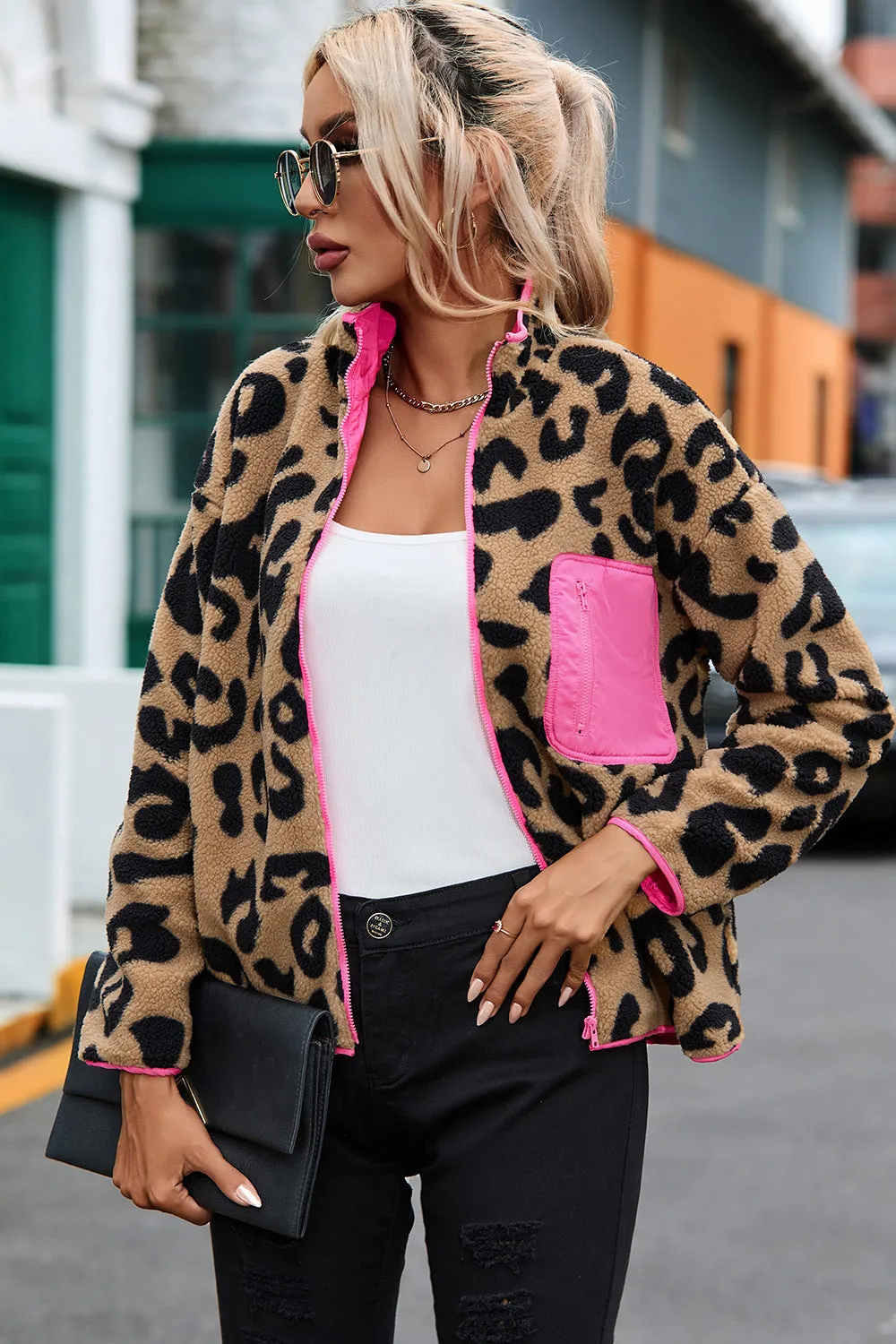 *APP EXCLUSIVE* Leopard Zip-Up Dropped Shoulder Jacket