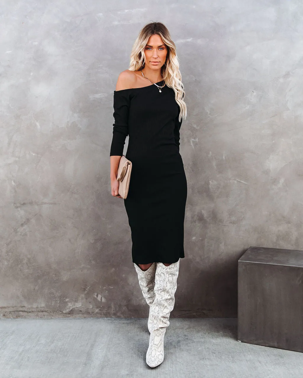 Arielle Off The Shoulder Ribbed Knit Midi Dress - FINAL SALE