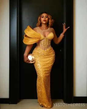 Aso Ebi Gold Prom Dresses for Special Occasions Sheer Neck Illusion Long Sleeves Beaded Sequined Lace Pearls Birthday Dress Second Reception Gowns AM944