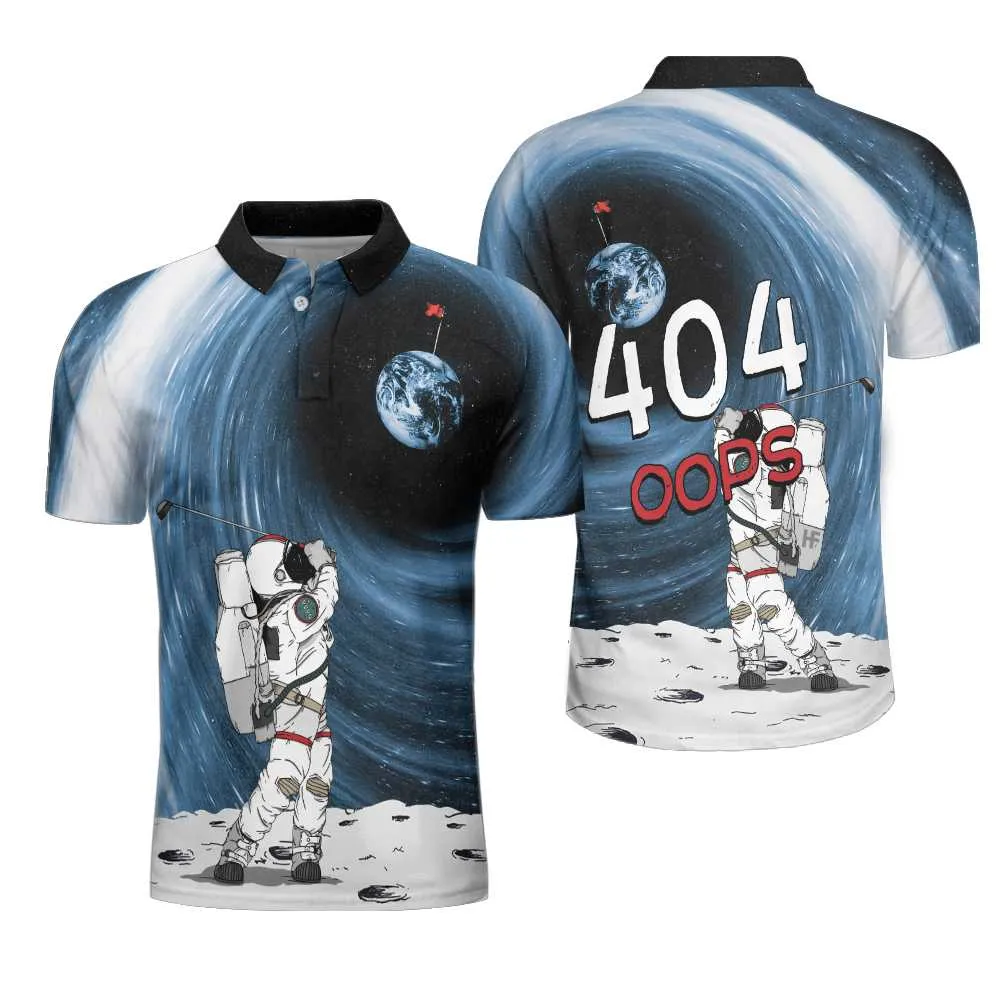 Astronaut Golfing Outer Space Black Golf Polo Shirt, Hole 404 Oops Polo Shirt, Best Golf Shirt For Men Coolspod