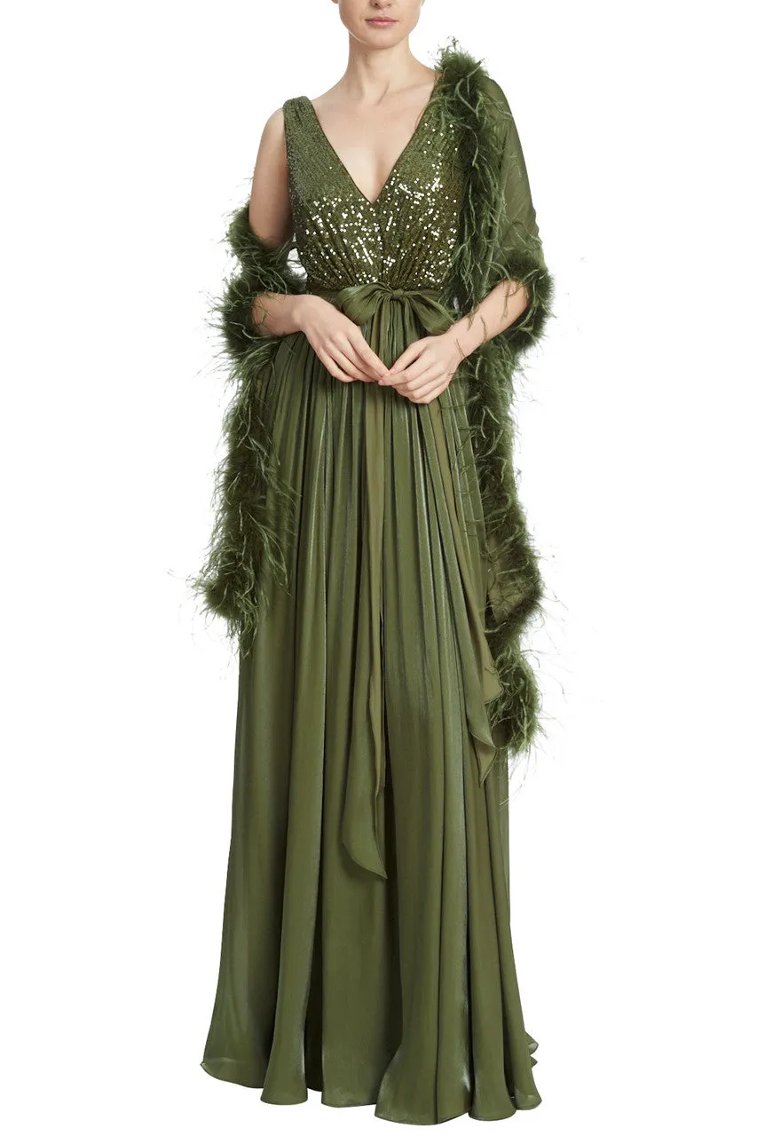 Badgley Mischka Feather Wrap Sequin Gown