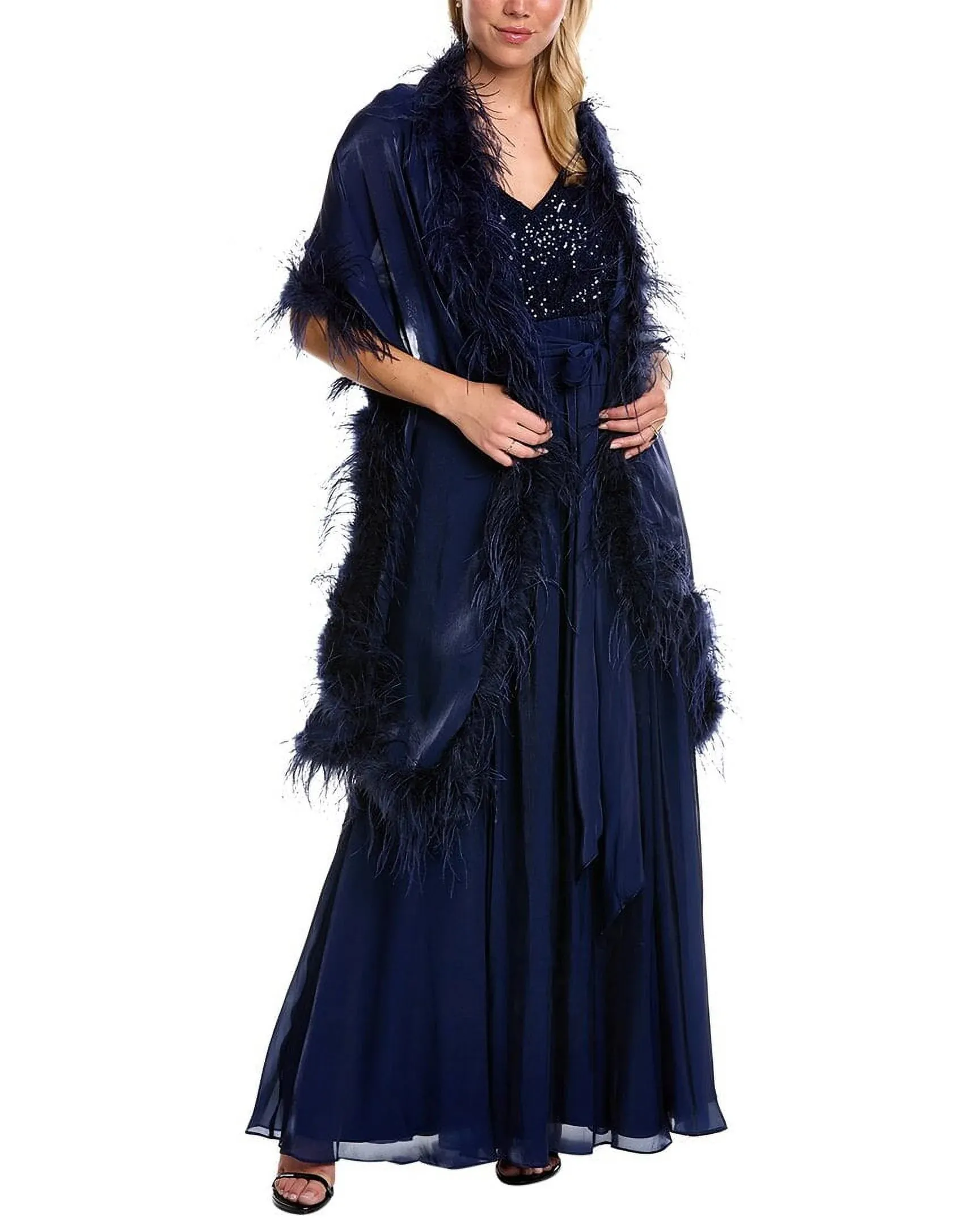 Badgley Mischka Feather Wrap Sequin Gown