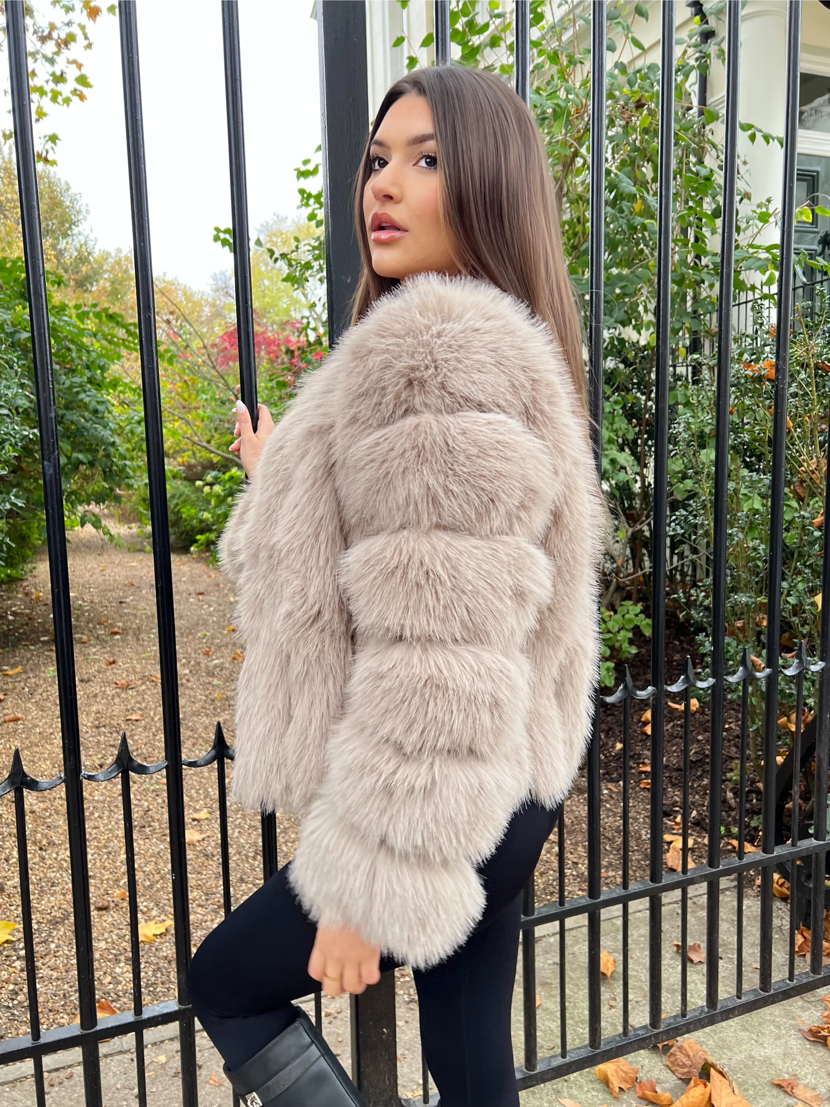 Beige Vertical Design Faux Fur Coat