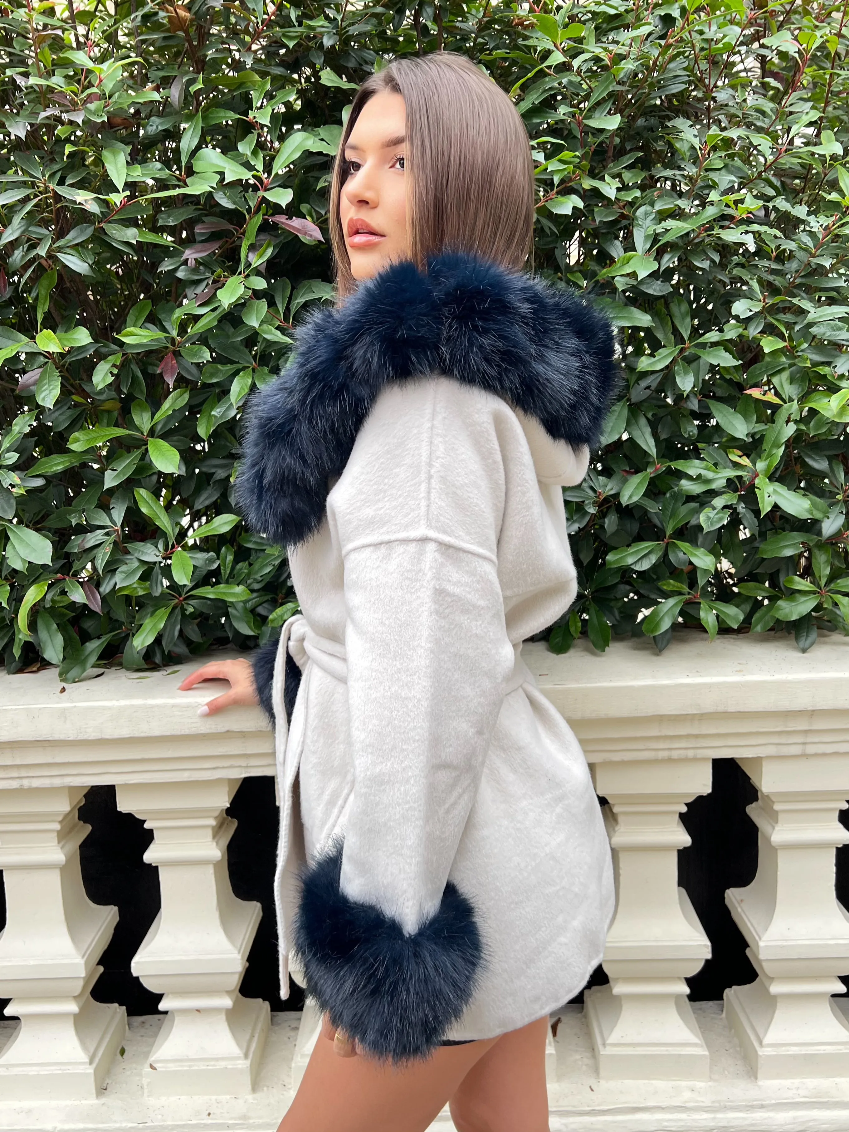 Beige/Navy Cashmere Coat With Faux Fur Trim