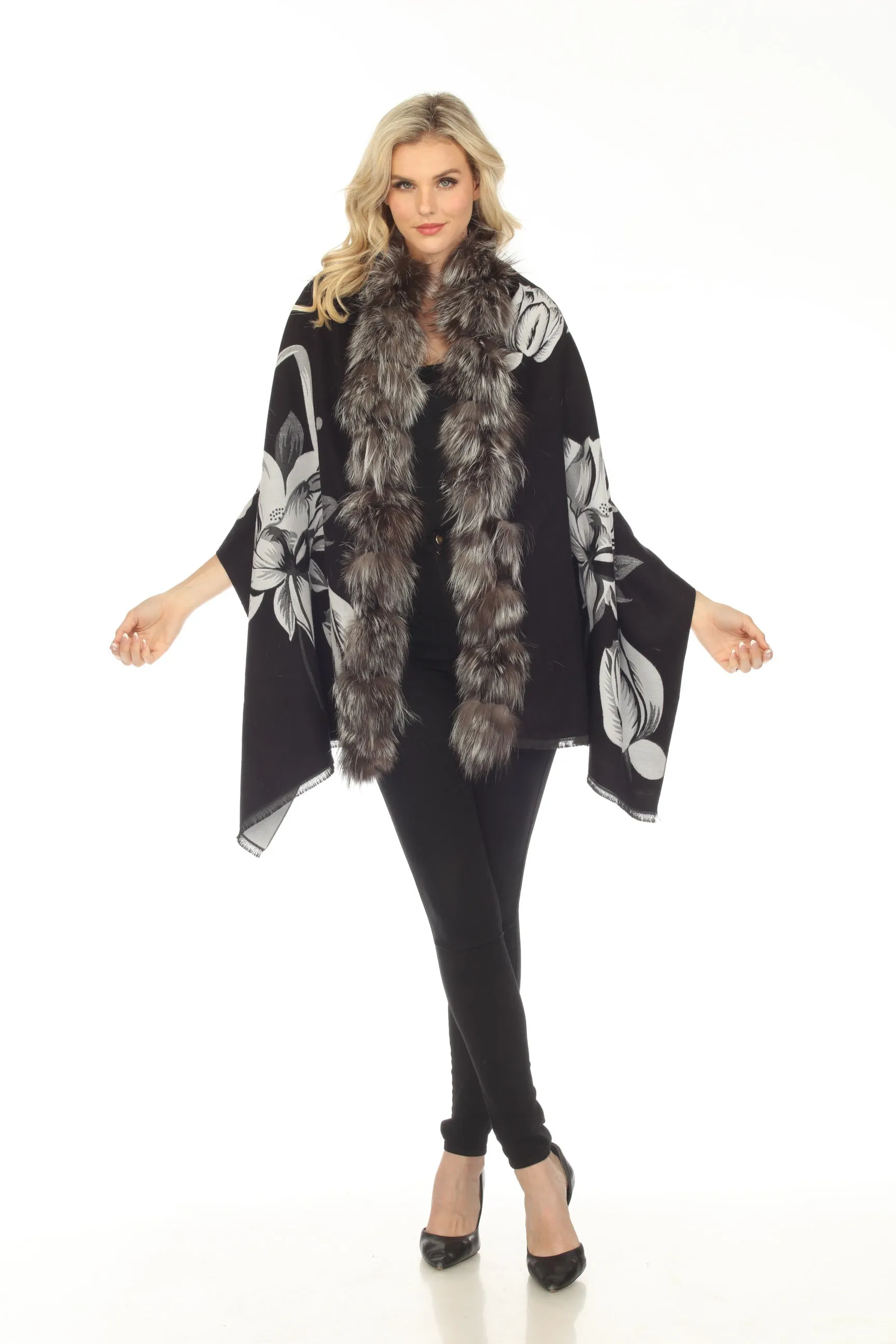 Belle Fare Real Silver Fox Trim Cashmere Blend Floral Wrap Cover-Up MS20