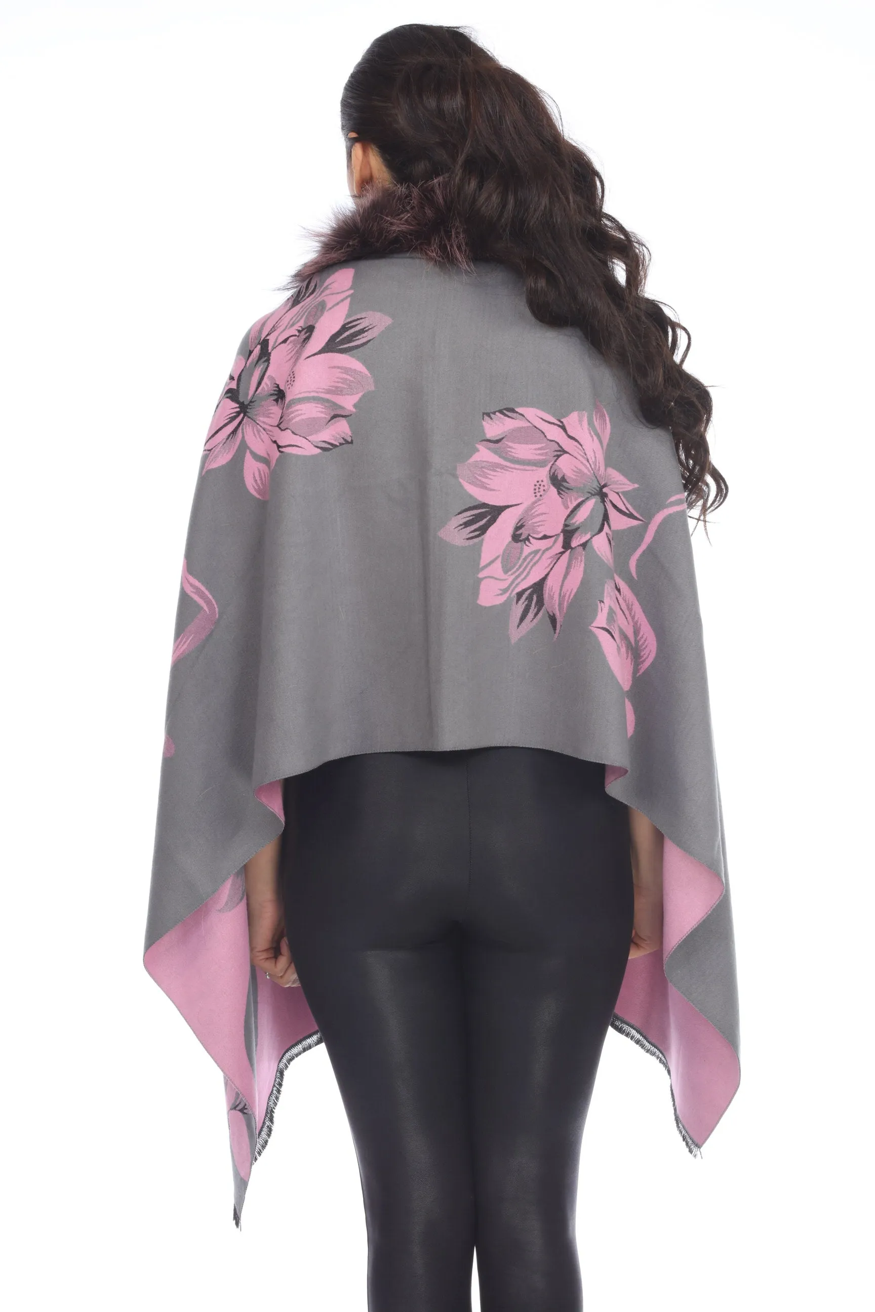 Belle Fare Real Silver Fox Trim Cashmere Blend Floral Wrap Cover-Up MS20