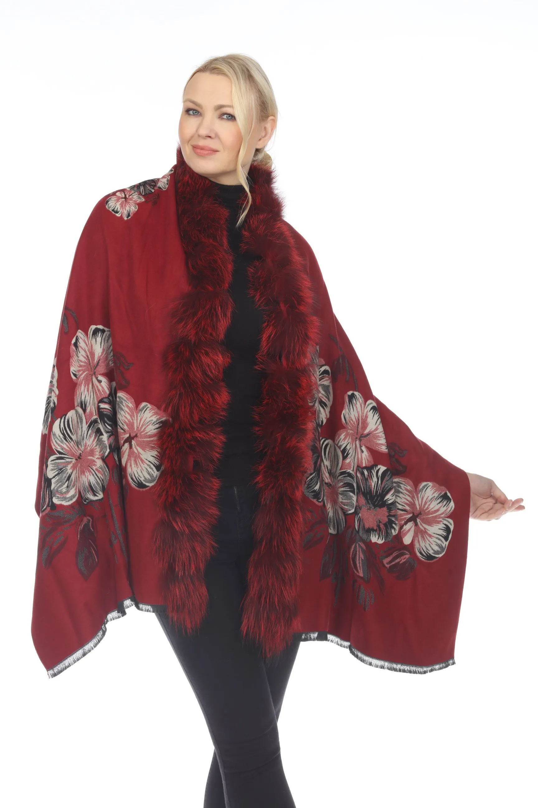 Belle Fare Real Silver Fox Trim Cashmere Blend Floral Wrap Cover-Up MS20