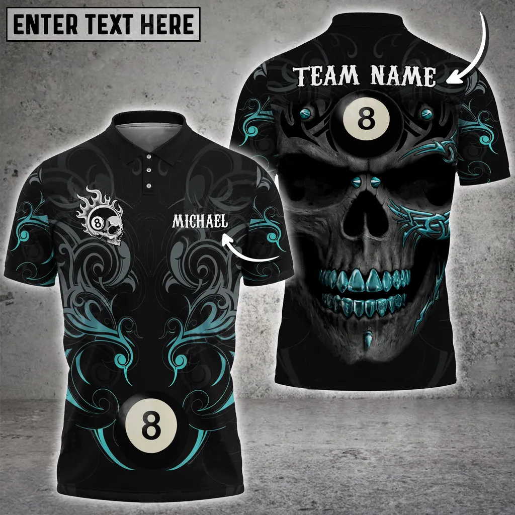 Billiards Skull Tribal Pattern Personalized Name 3D Polo Shirt, Idea Gift for Billiards Lovers