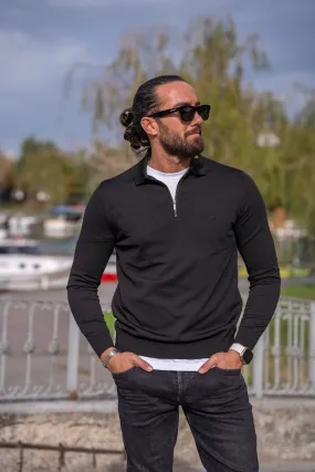 Black Slim Fit Zipper Polo Sweater for Men | GentWith.com