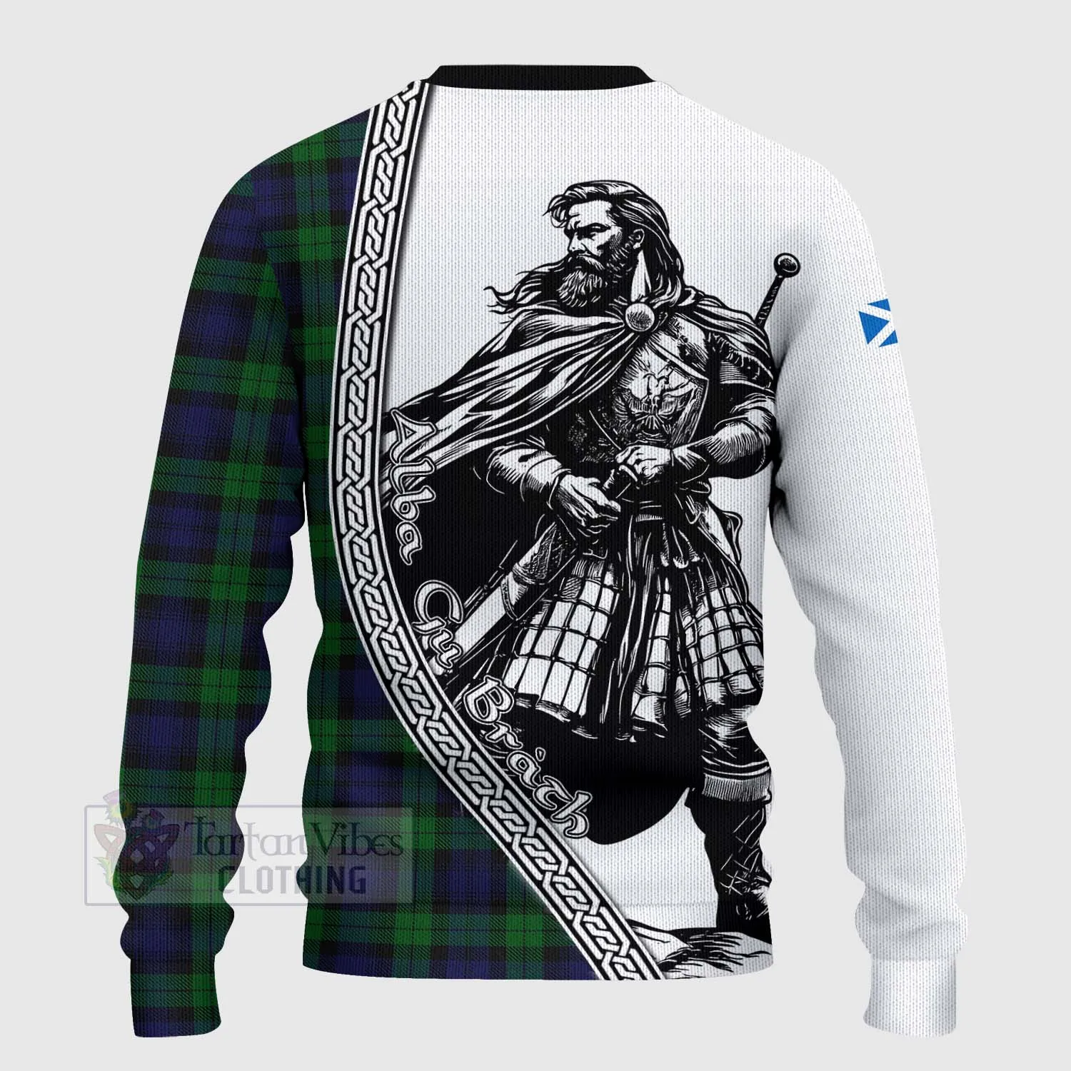 Black Watch Tartan Clan Crest Knitted Sweater with Highlander Warrior Celtic Style