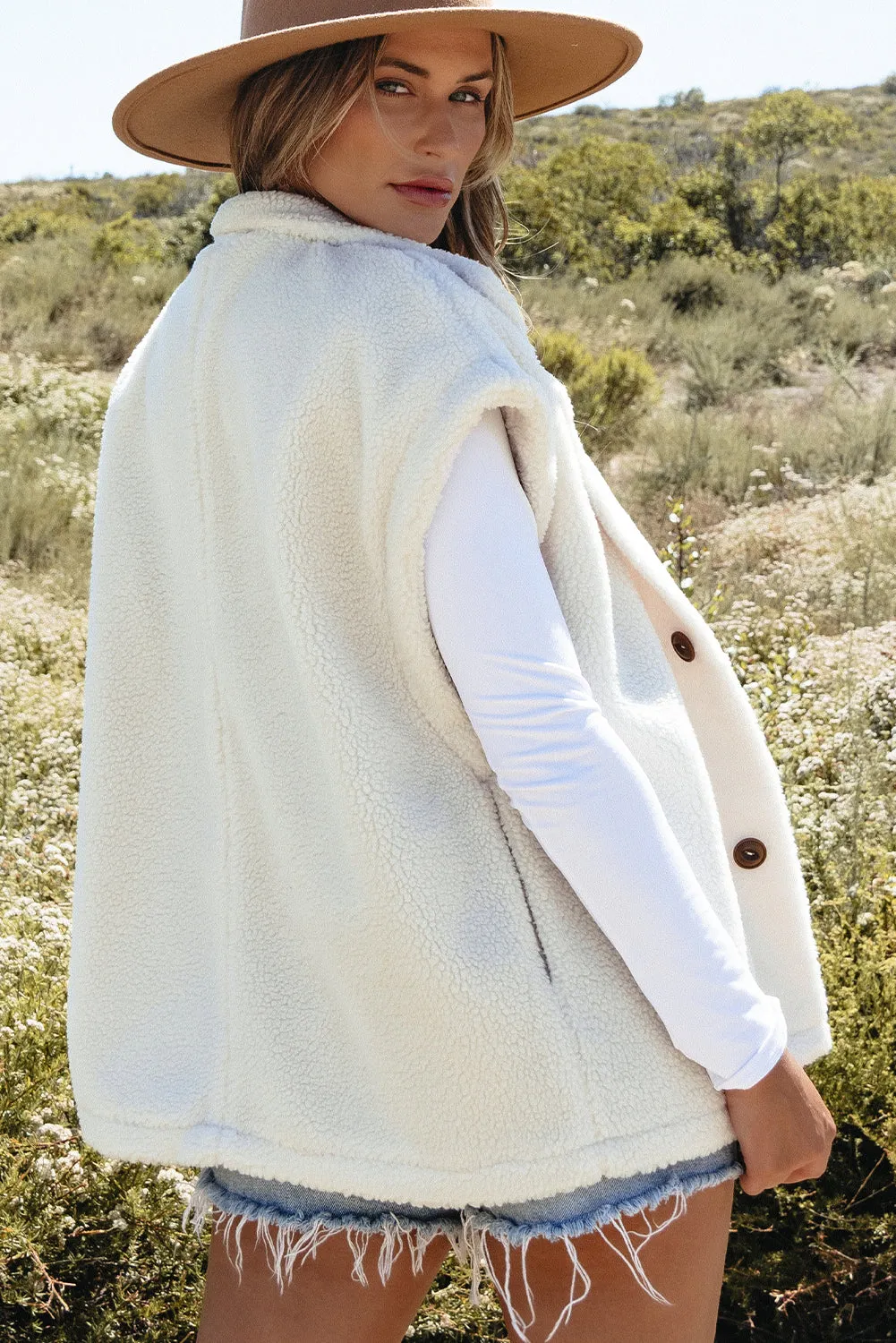 Blue Zone Planet |  Beige Sherpa Stand Collar Jacket Vest