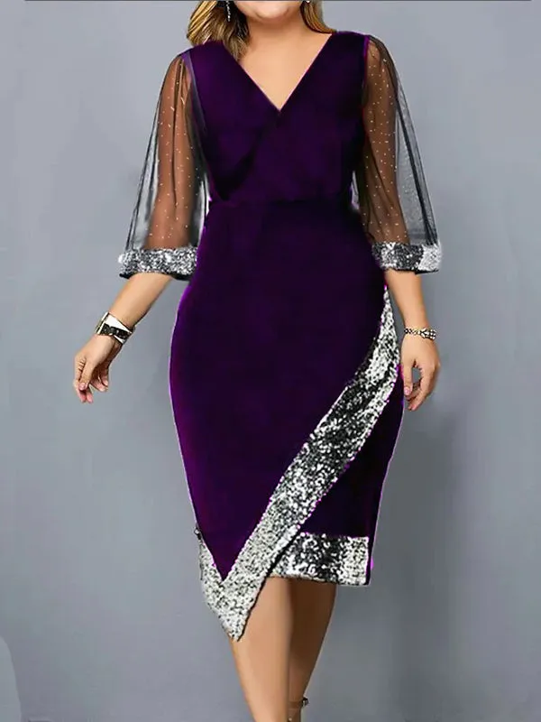 Bodycon Wrap Contrast Color Mesh Sequined Split-Joint V-Neck Midi Dresses