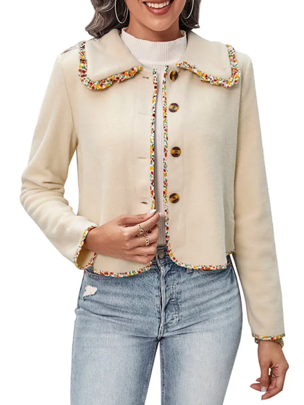 Bohemian Cream Cropped Women's Long Sleeve Floral Trim Jacket