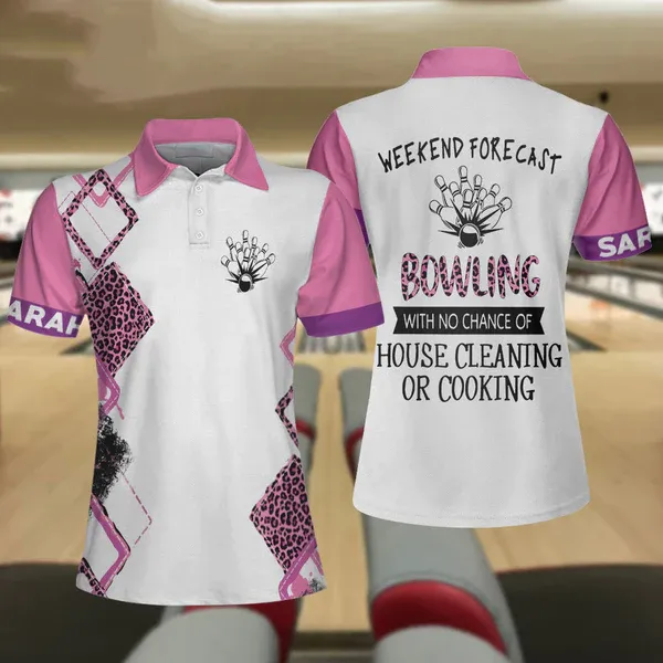 Bowling With No Chance Of House Cleaning Custom Short Sleeve Women Polo Shirt, Pink Leopard Bowling Shirt Coolspod