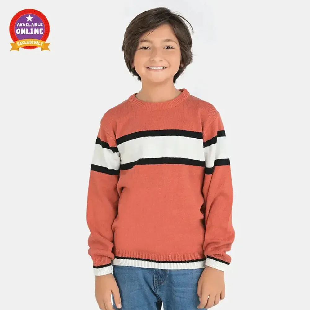 Boys Acrylic Full Sleeves Sweater Striper-Rust/White