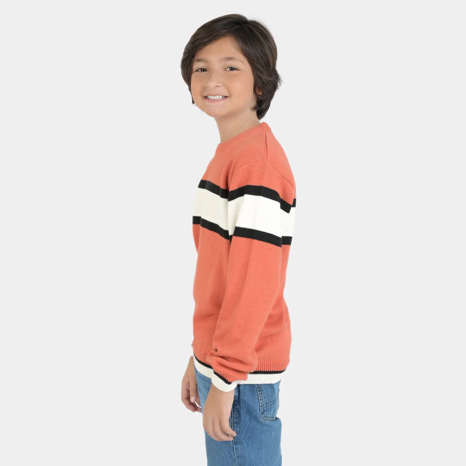 Boys Acrylic Full Sleeves Sweater Striper-Rust/White