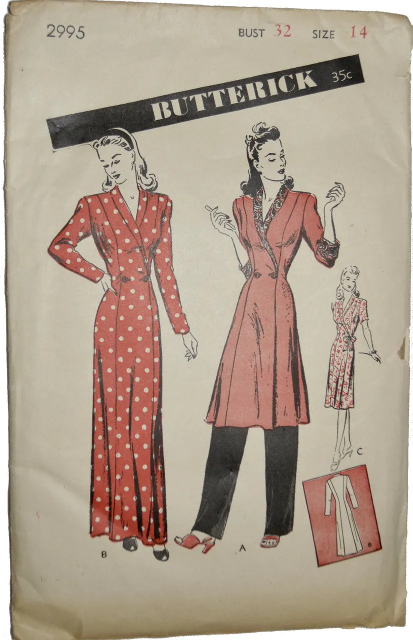 Butterick 2995 Vintage 1940s Pattern Hostess Loungewear 32B