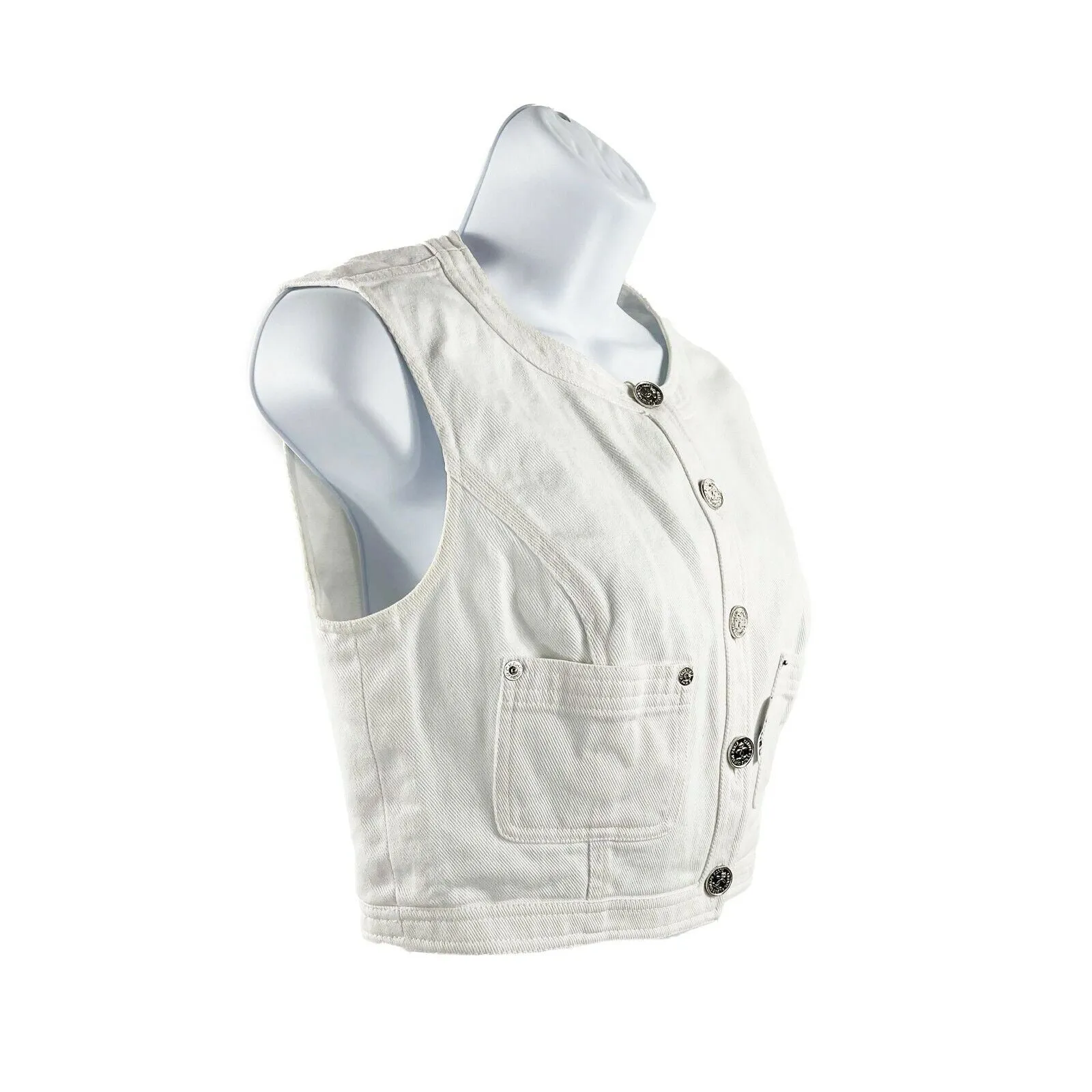 CHANEL- VTG 96P Denim Vest Gilet - White / CC Silver Buttons - FR 36 / US XS-S