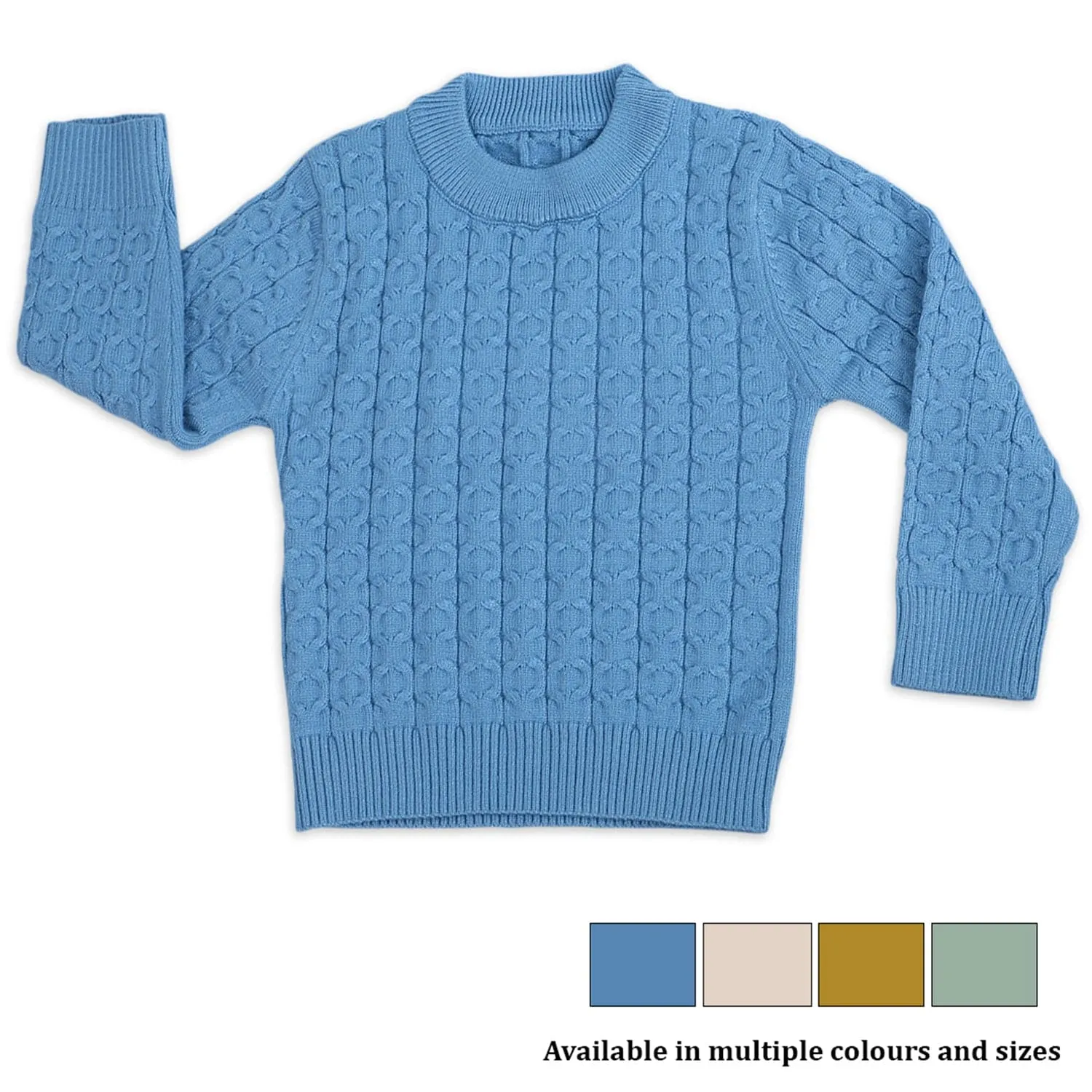 Classic Solid Round Neck Premium Full Sleeves Cable Knit Sweater - Blue