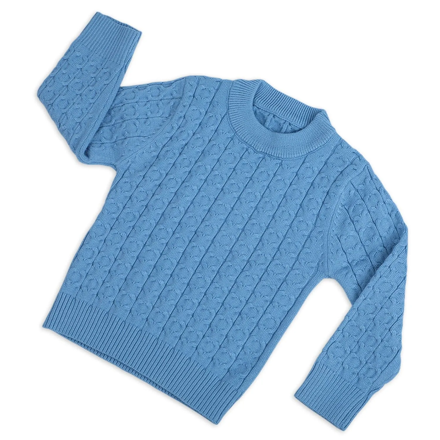 Classic Solid Round Neck Premium Full Sleeves Cable Knit Sweater - Blue