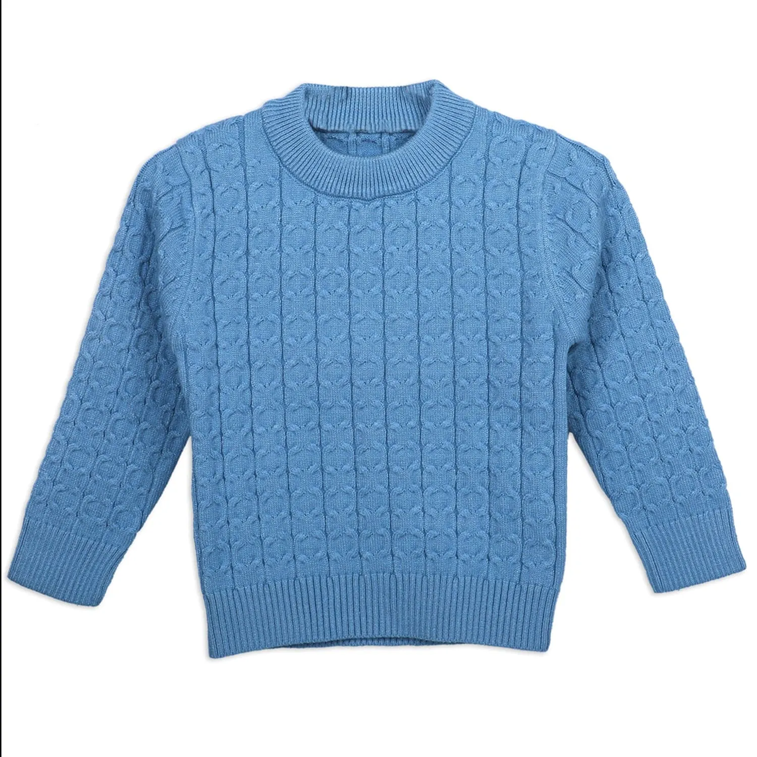 Classic Solid Round Neck Premium Full Sleeves Cable Knit Sweater - Blue