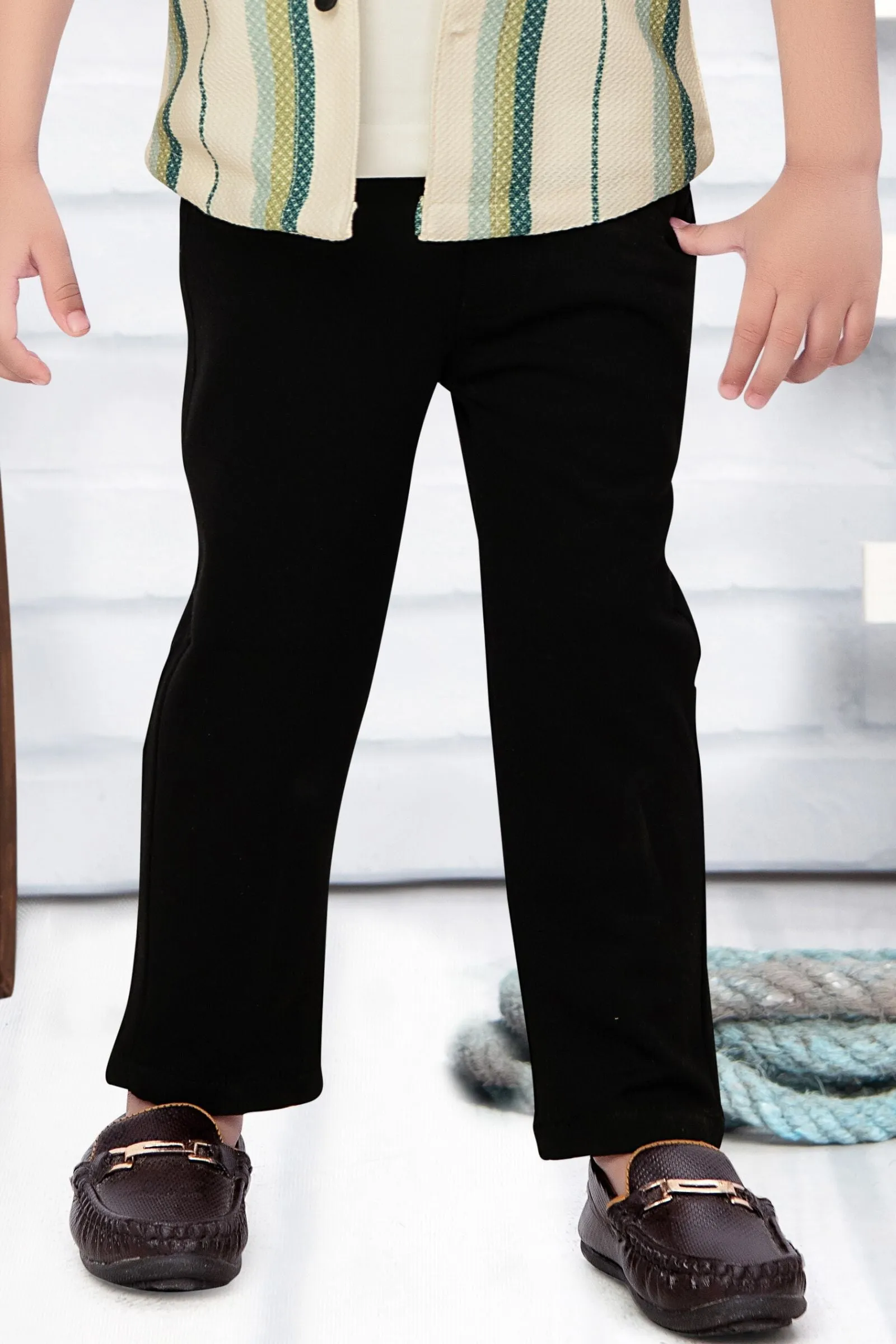 Cream with Green Printed Blazer, T-Shirt and Black Pant Set for Boys