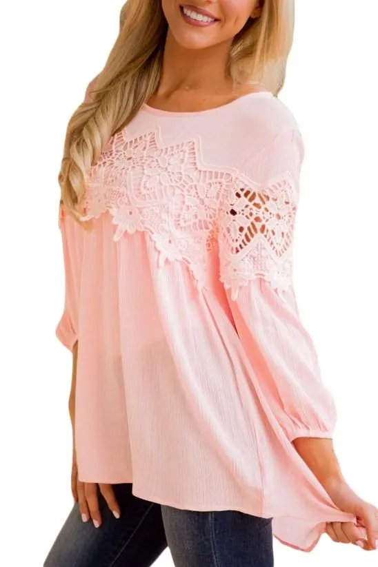 Cute Pink Crochet Detail Long Sleeve Babydoll Top