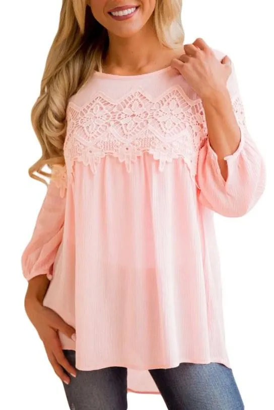 Cute Pink Crochet Detail Long Sleeve Babydoll Top