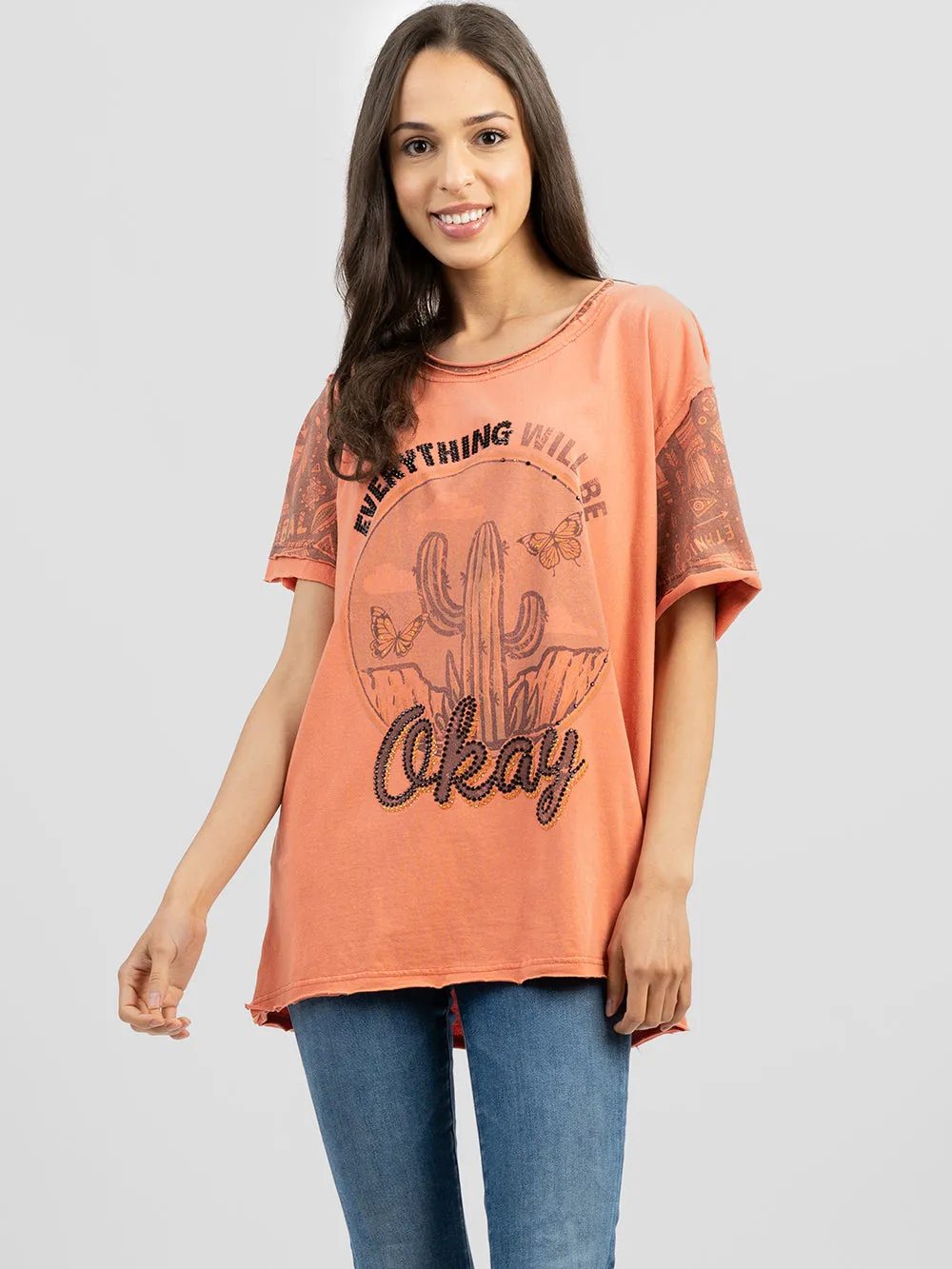 Delila Women Embroidered Washed Cactus Tee With Rhinestones