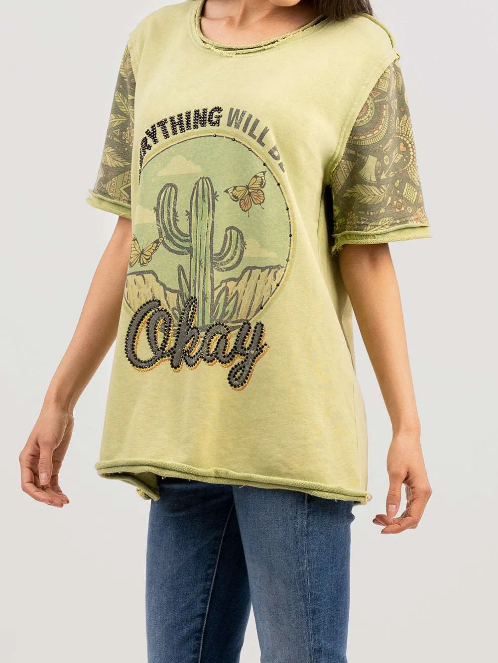 Delila Women Embroidered Washed Cactus Tee With Rhinestones