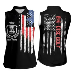 Disc golf basket American flag patriotic Womens sleeveless polo shirt custom disc golf shirt for women