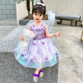 DUNNMALL  New Summer Girls' Dress Sleeveless Super Fairy Vest Dress Colorful Butterfly Yarn Sequined Princess Dress Performance