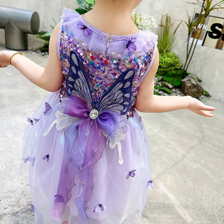 DUNNMALL  New Summer Girls' Dress Sleeveless Super Fairy Vest Dress Colorful Butterfly Yarn Sequined Princess Dress Performance